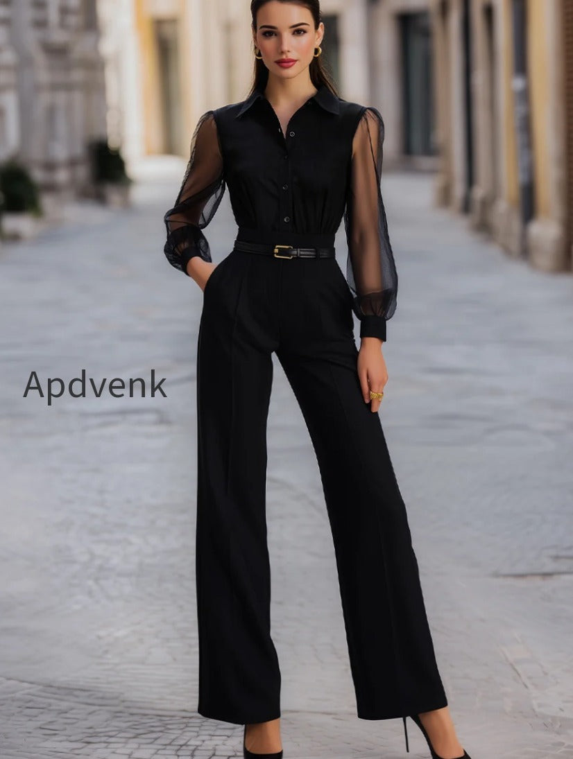 button-front-sheer-sleeve-tailored-wide-leg-jumpsuit
