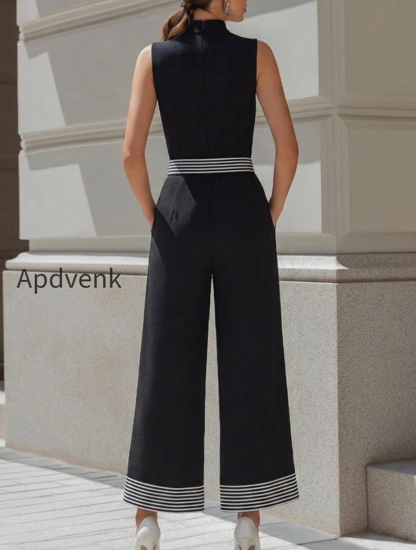high-neck-contrast-stripe-belted-wide-leg-jumpsuit