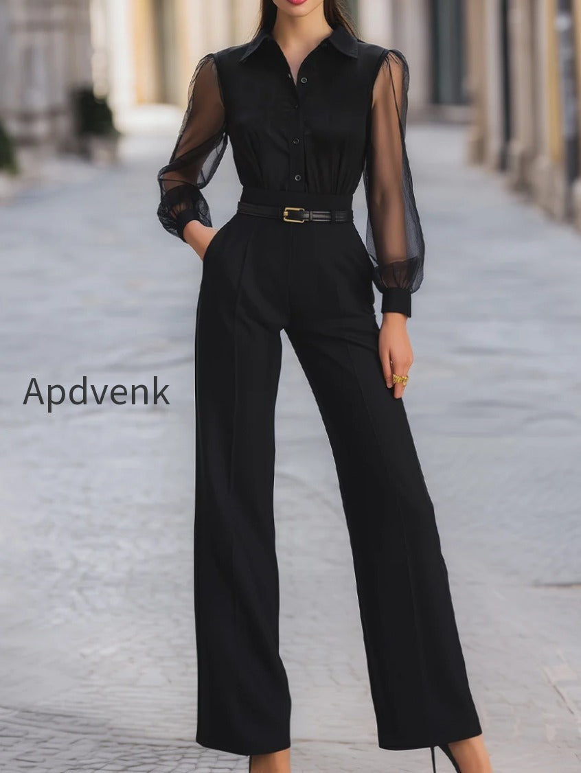 button-front-sheer-sleeve-tailored-wide-leg-jumpsuit