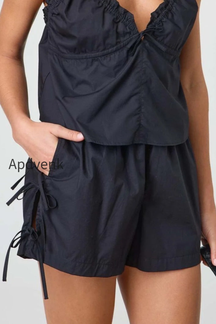 casual-stripe-solid-drawstring-shorts