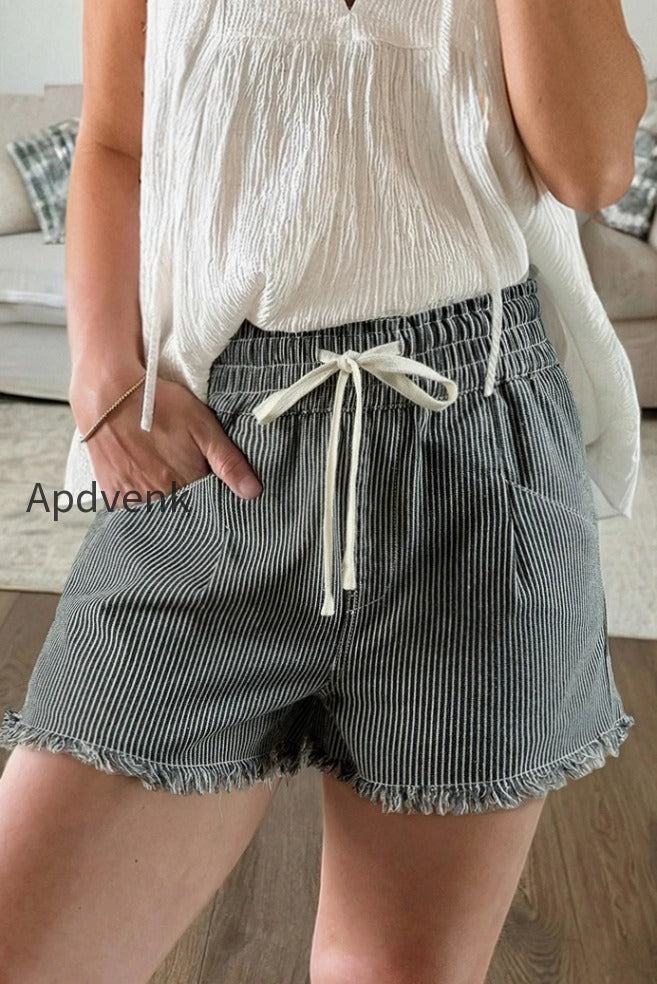 striped-raw-hem-denim-shorts