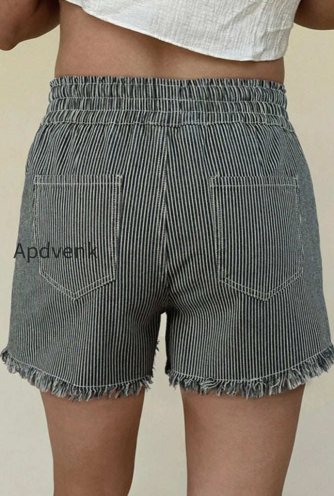 striped-raw-hem-denim-shorts