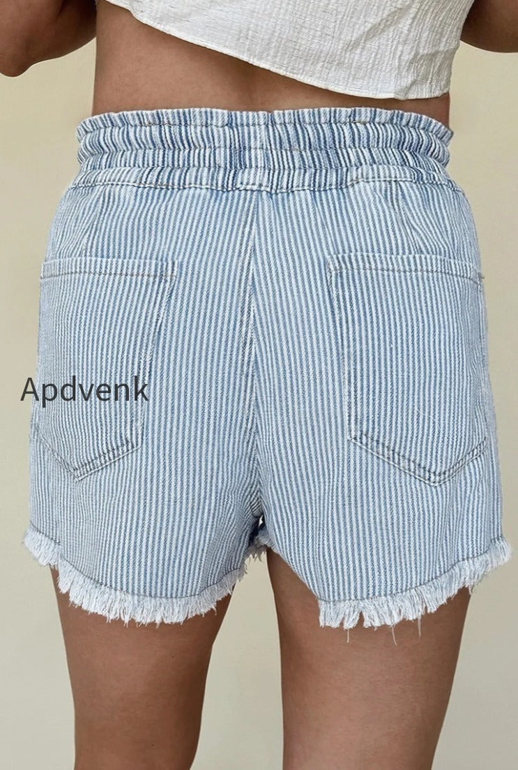 striped-raw-hem-denim-shorts