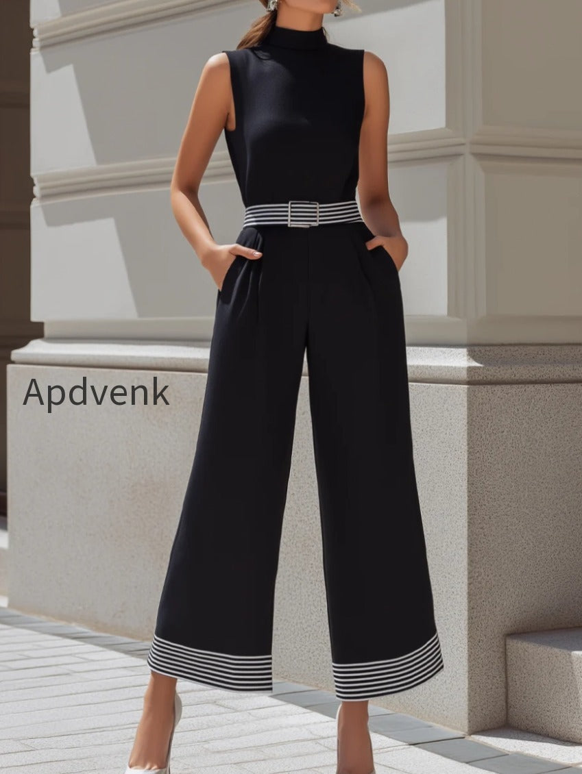 high-neck-contrast-stripe-belted-wide-leg-jumpsuit