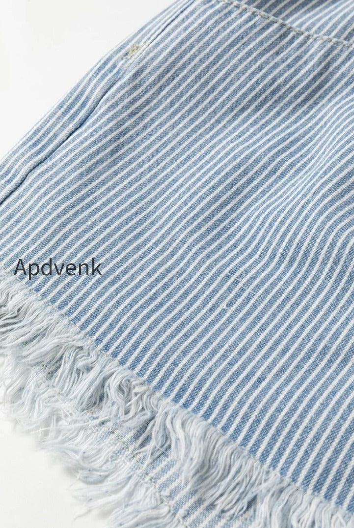 striped-raw-hem-denim-shorts